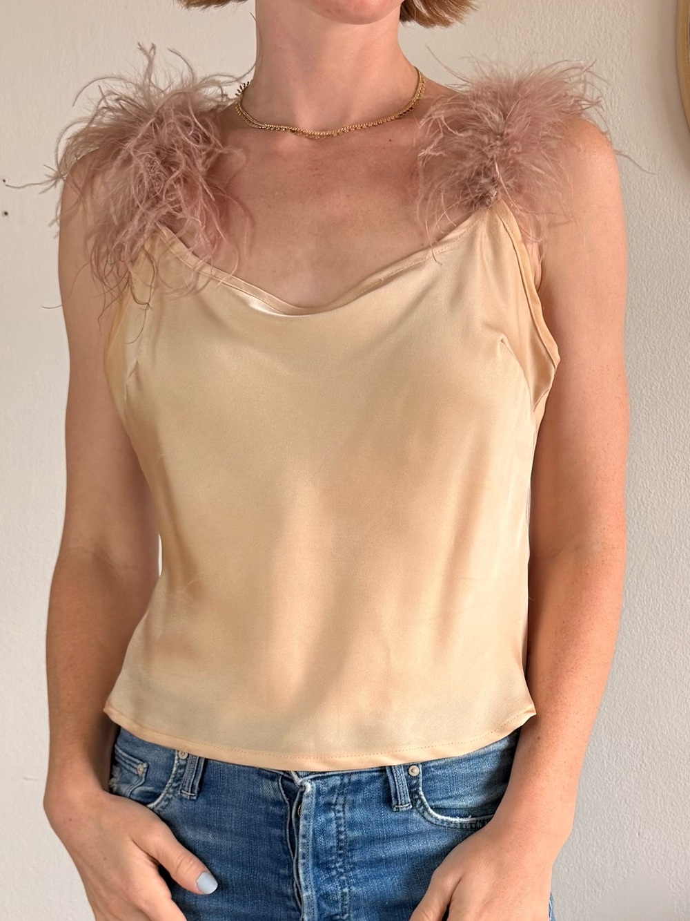 Cake Blush Feather-Trim Satin Camisole in Cream